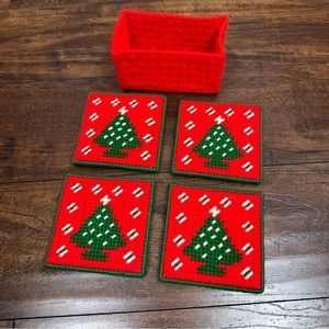 4 Vintage Christmas Tree Holiday MCM Yarn Cross Stitch Square Drink Coasters